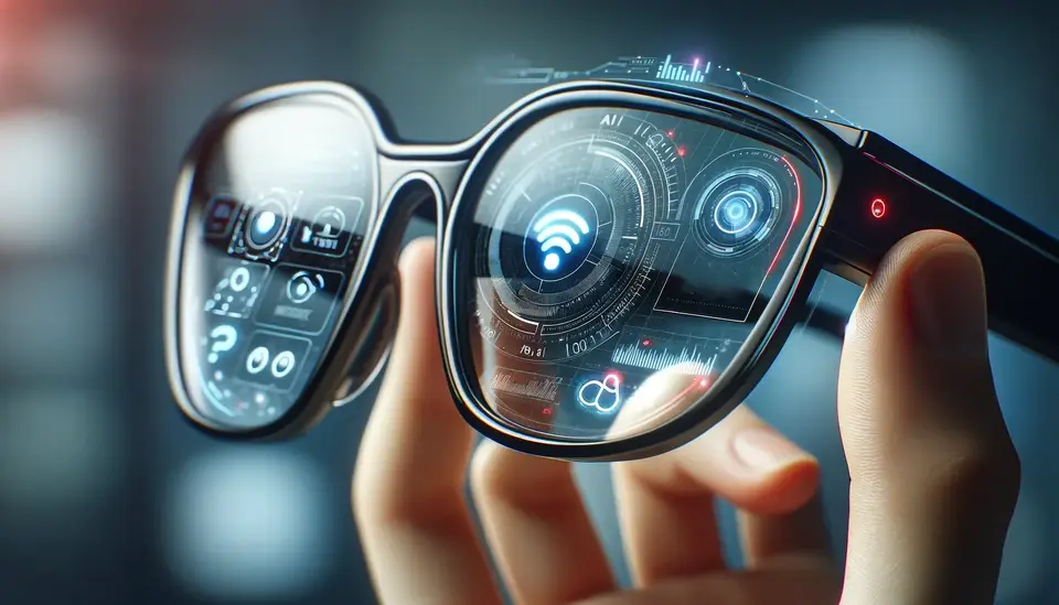 Futuristic AI-powered smart glasses inspired by Alibaba's Quark AI, used in an urban setting showcasing advanced features.