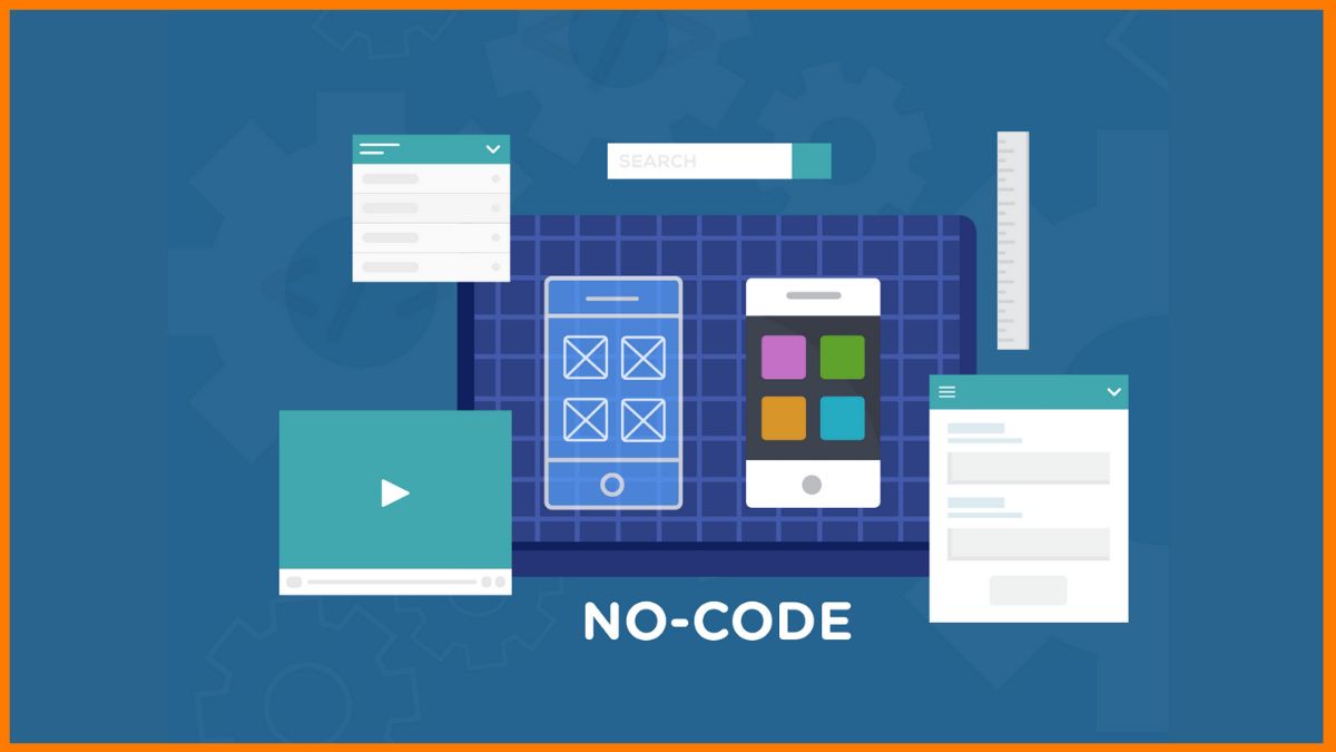 A modern, vibrant digital workspace showcasing a no-code platform for web application development with diverse characters collaborating.