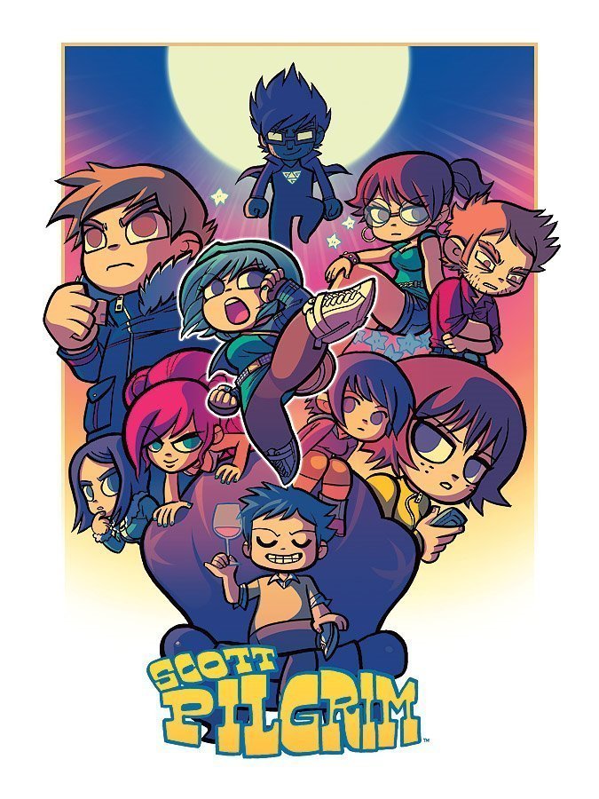 Promotional poster for the 20th Anniversary Scott Pilgrim Graphic Novel Box Set showcasing colorful and black-and-white editions with discount information.