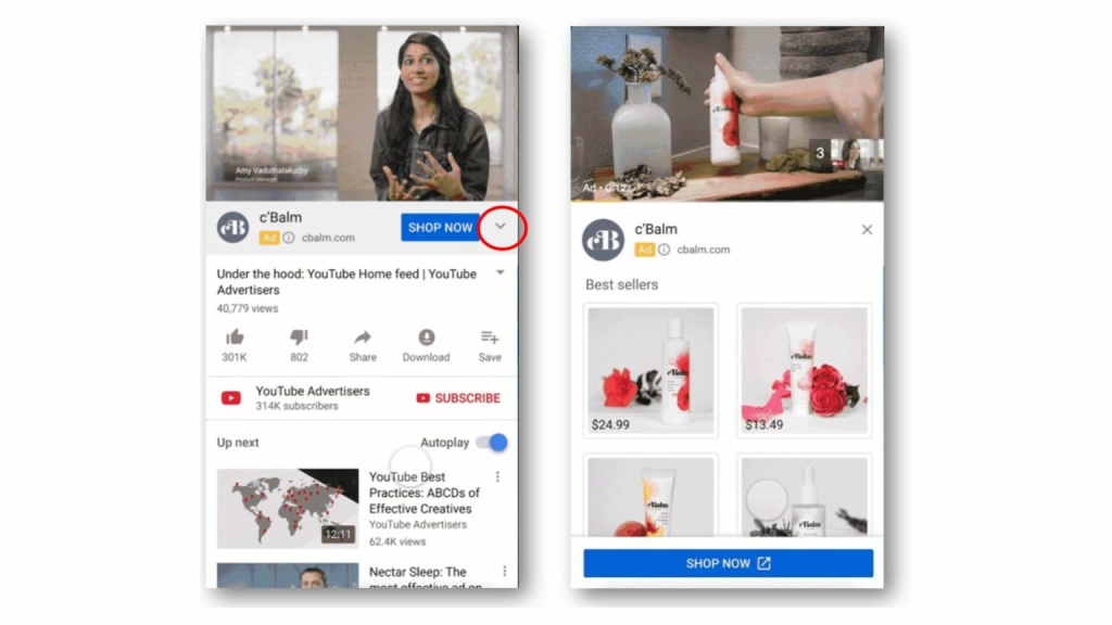 Illustration of YouTube's new interactive shopping feature on connected TV with viewers interacting with ads and using smartphones.