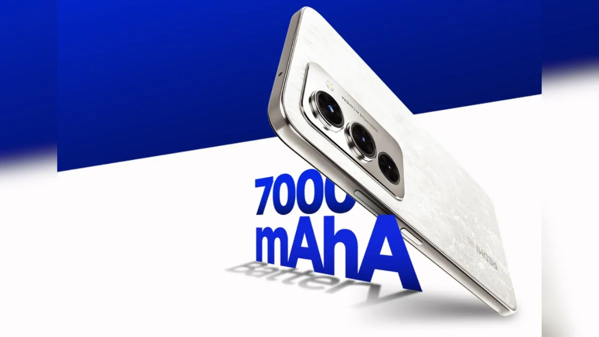 Redmi 15 5G smartphone showcasing its design, features, and color options in a modern tech-themed background.