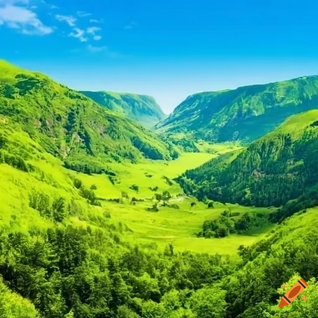 A beautiful sunset landscape featuring a green valley and mountains in the background, capturing the essence of nature's tranquility.