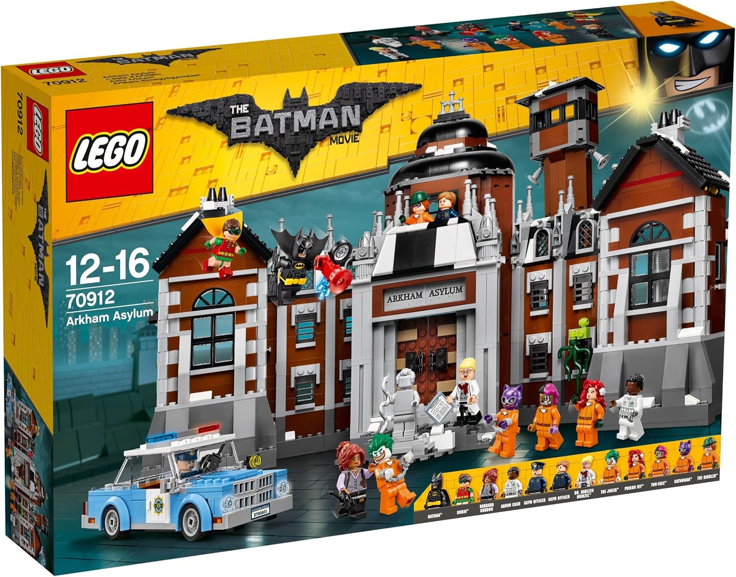 A highly detailed Lego model of Arkham Asylum featuring Batman and various villains, set in a dark Gotham City atmosphere.