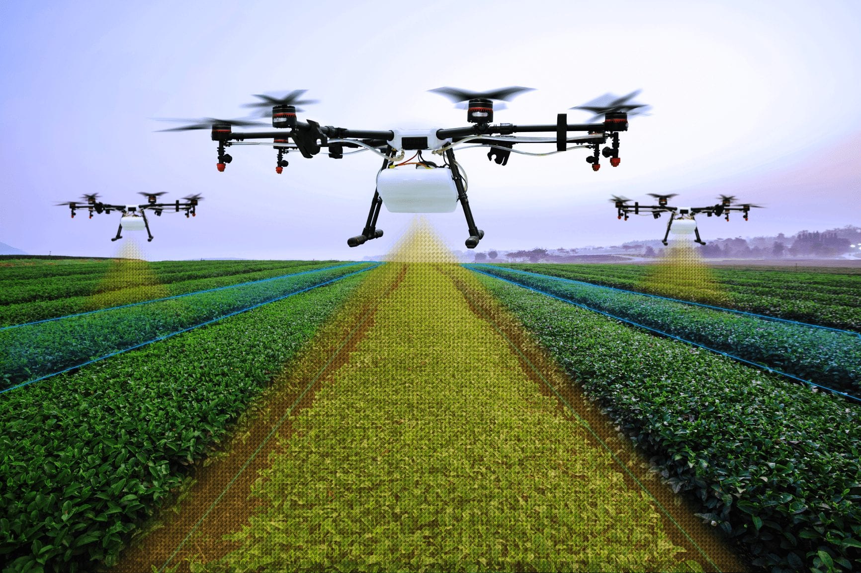 A modern tractor equipped with cameras in a colorful orchard, showcasing advanced agricultural technology and AI applications in fruit cultivation.