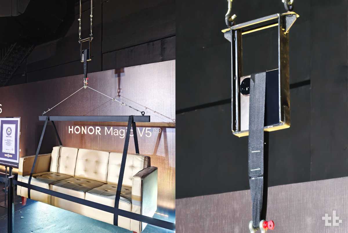 Honor Magic V5 smartphone showcasing its foldable design and advanced features in an elegant setting.