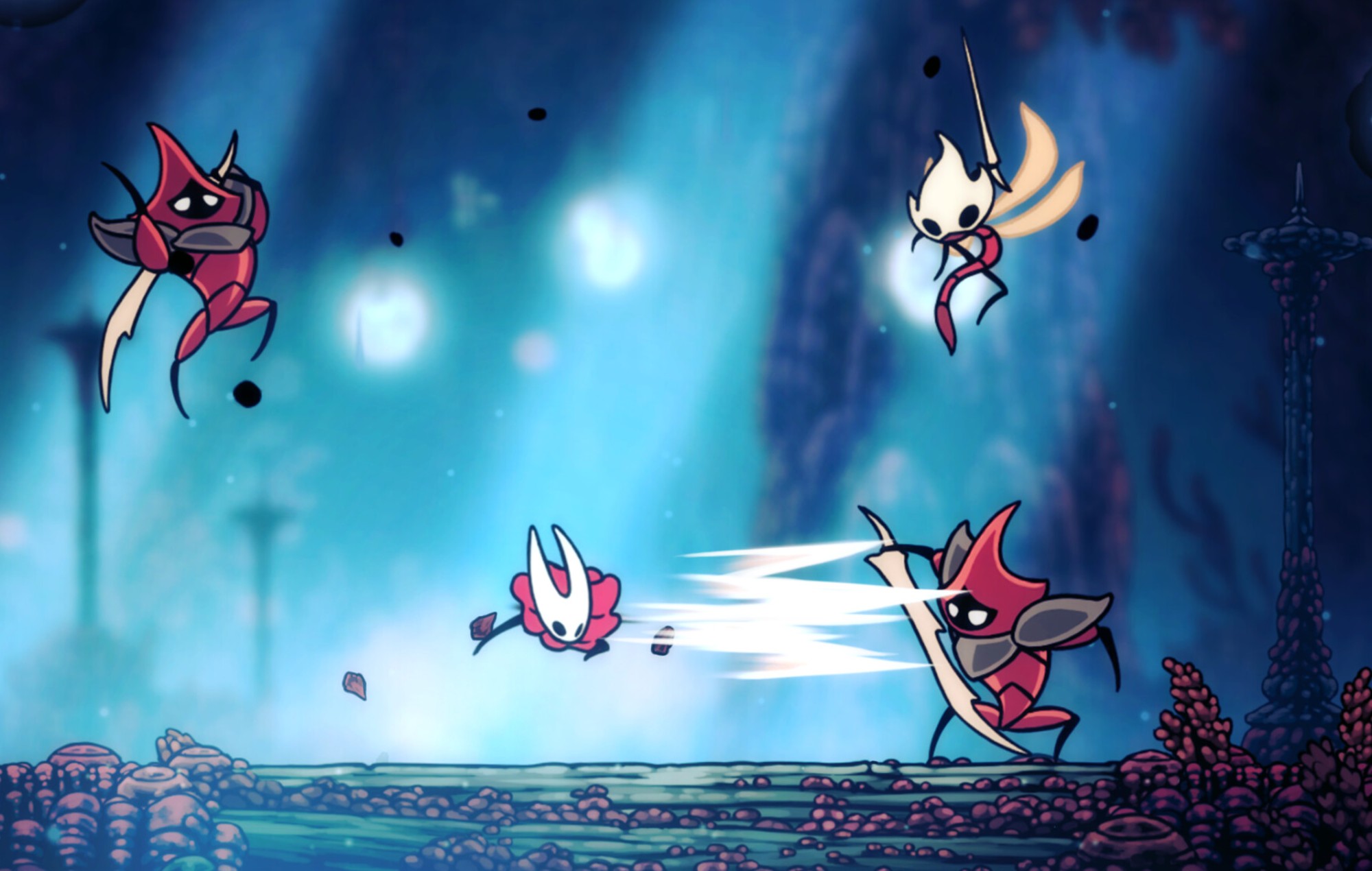 Dynamic gaming scene depicting the chaotic launch of Hollow Knight: Silksong with gamers experiencing crashes on various platforms.
