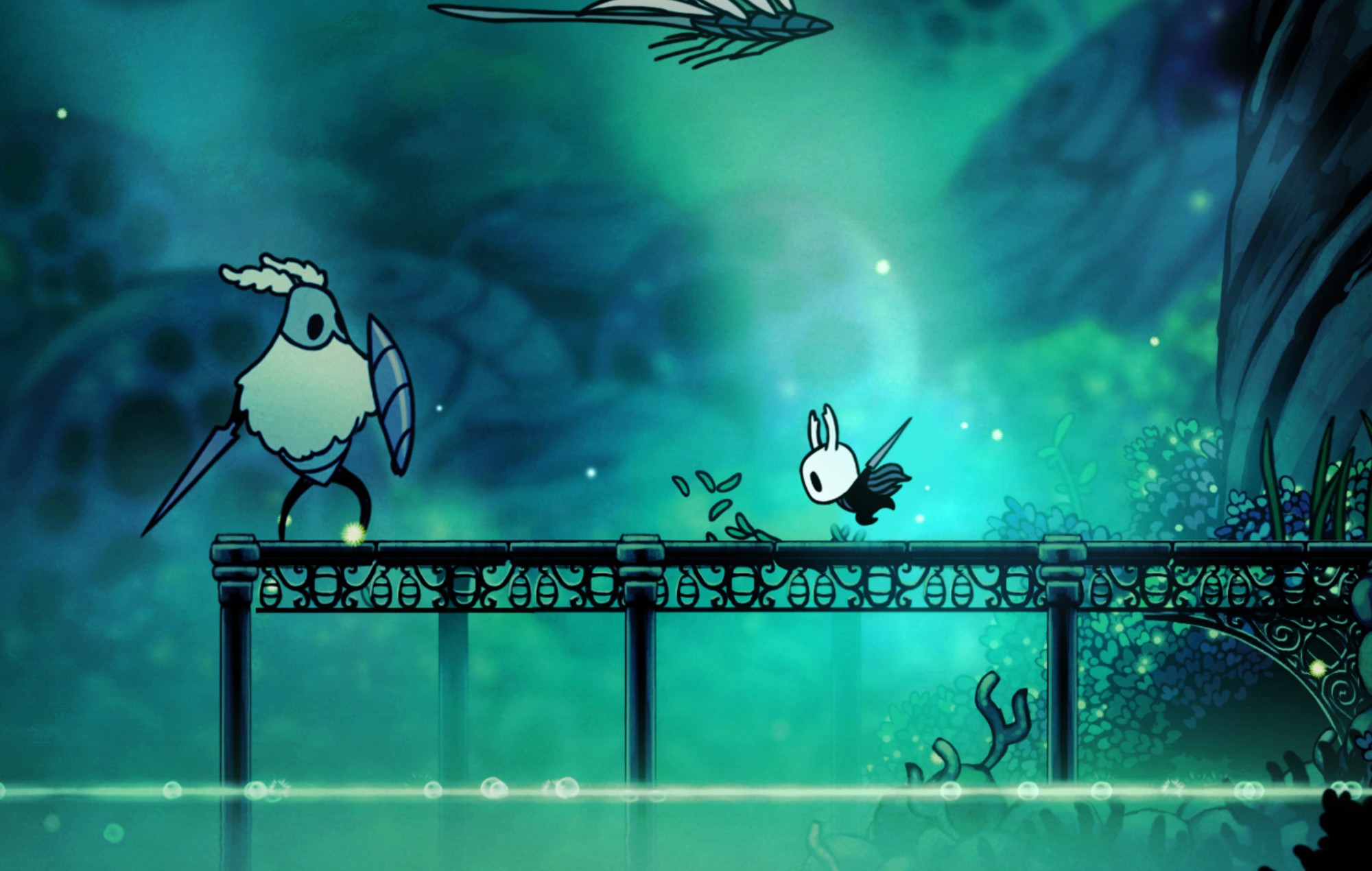 Artistic representation of Hollow Knight: Silksong featuring a dark forest setting with an insect-like character.