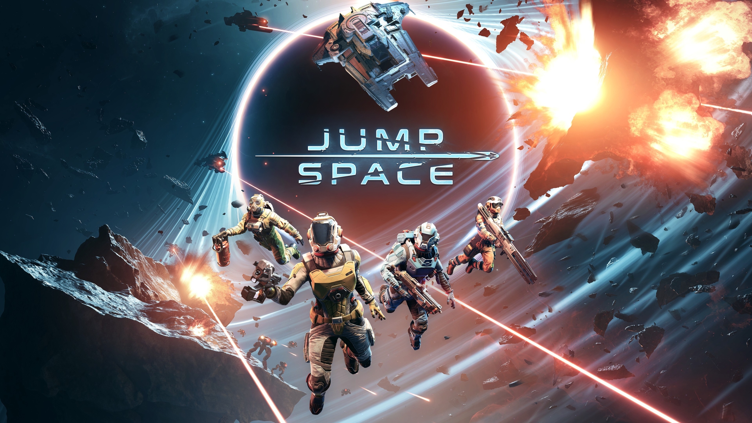 A digital artwork representing 'Jump Space', showing diverse characters in a cooperative space adventure, surrounded by a vibrant galaxy.