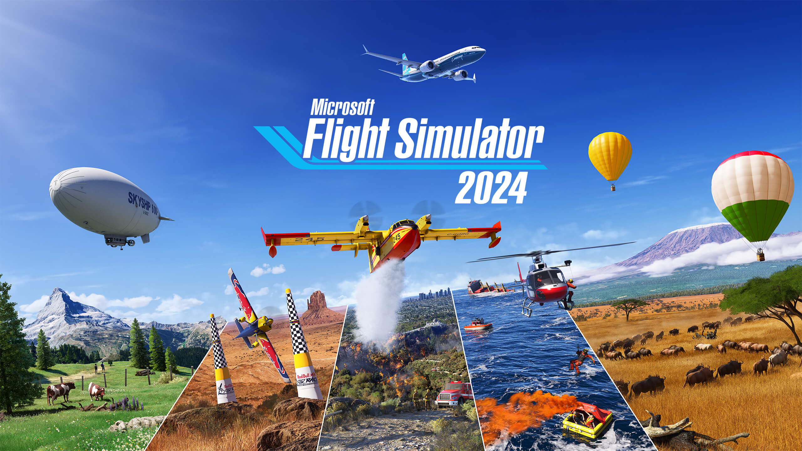 Flight Simulator 2024 PlayStation 5'e Geliyor! 1 Promotional image showcasing Flight Simulator 2024 for PlayStation 5 amid an aerial gaming theme.