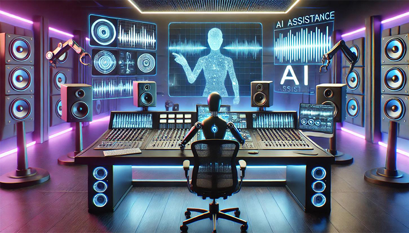 A digital workspace filled with AI music production tools showcasing vibrant interfaces and musical elements.