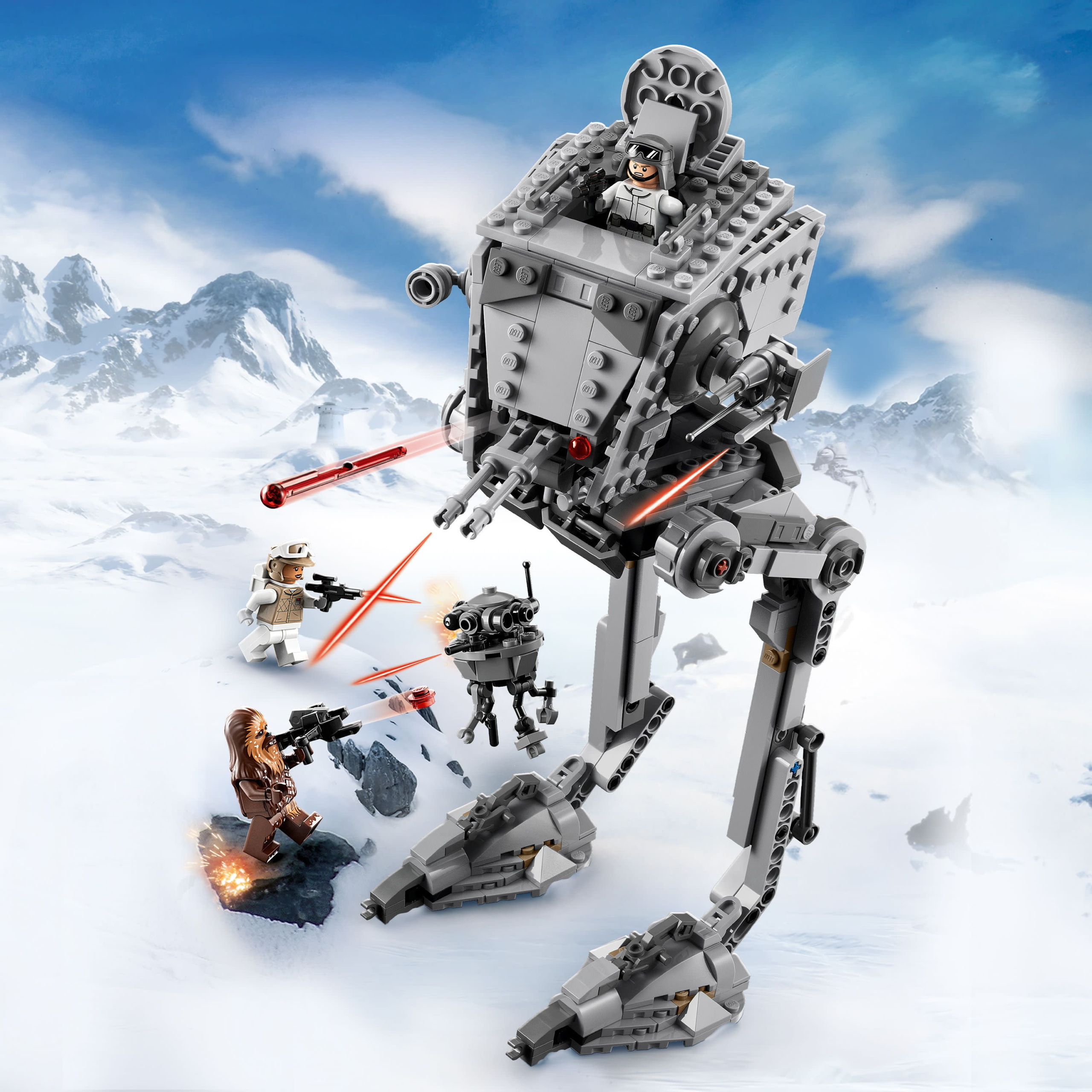 An illustration of a Lego Star Wars AT-ST UCS model set in a cosmic Star Wars background, showcasing vibrant colors and details of the Lego design.