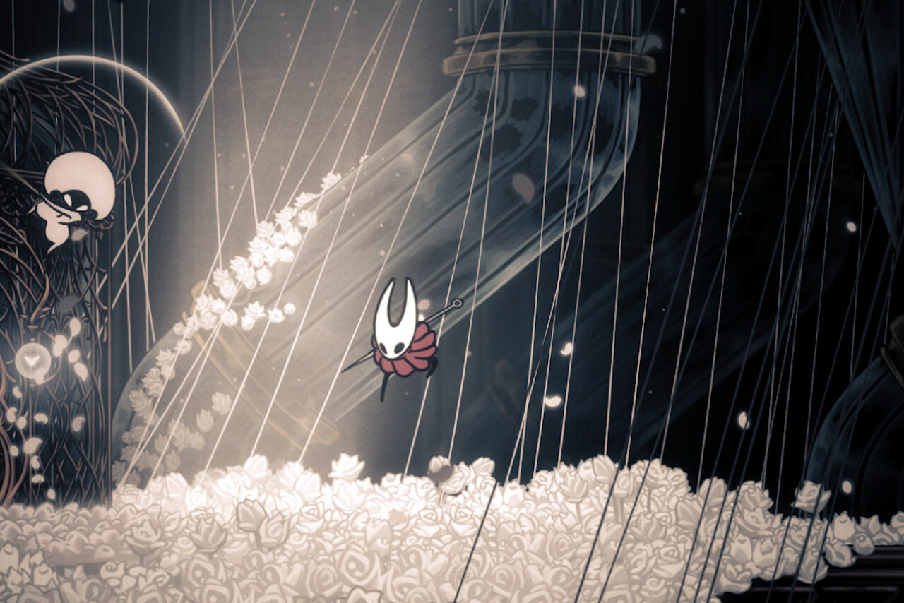 Artistic representation of Hollow Knight: Silksong featuring Hornet in a dark fantasy environment with various insect characters.