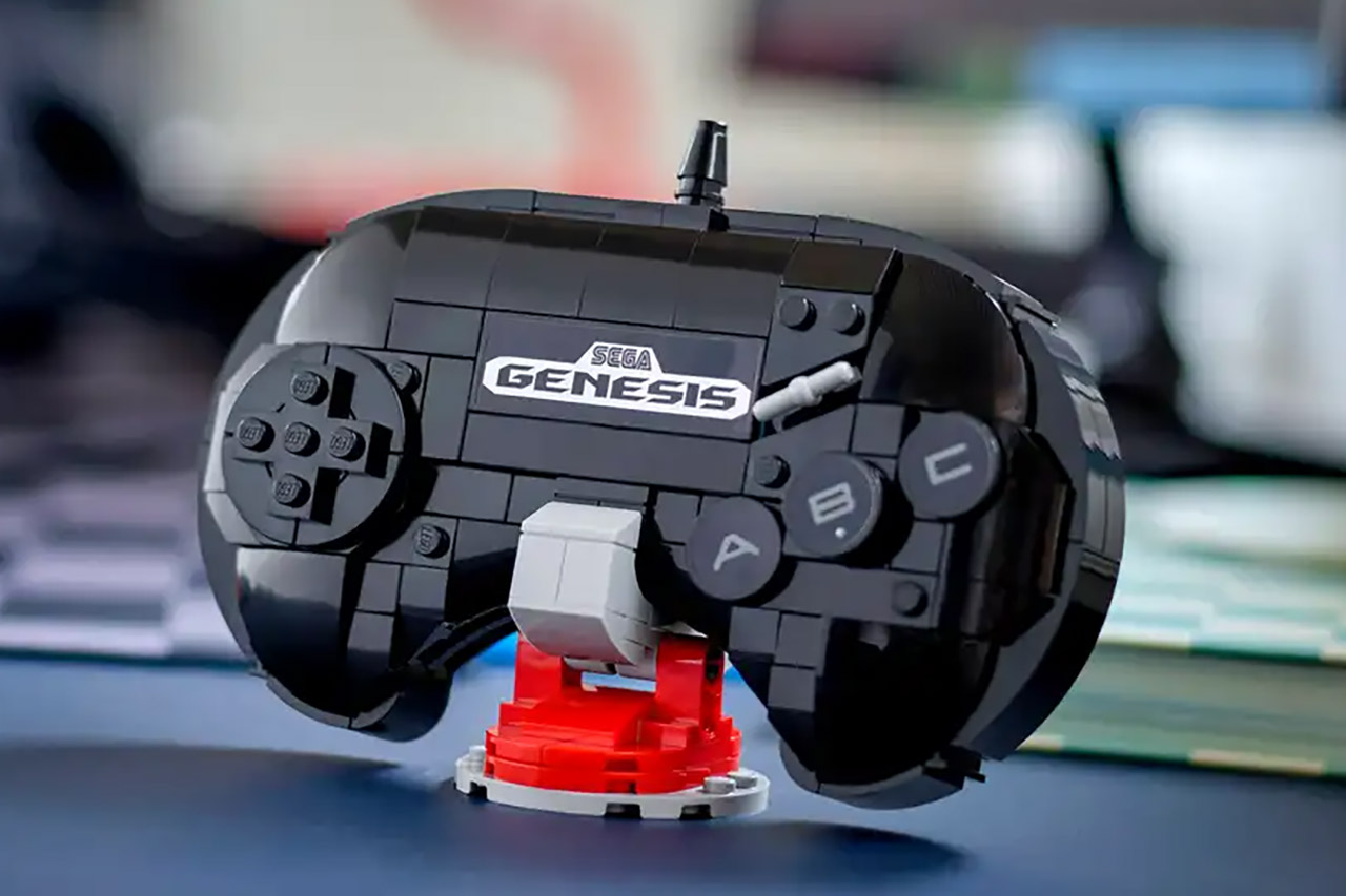 A colorful artistic representation of a LEGO SEGA Genesis controller set alongside various retro gaming themed LEGO sets.