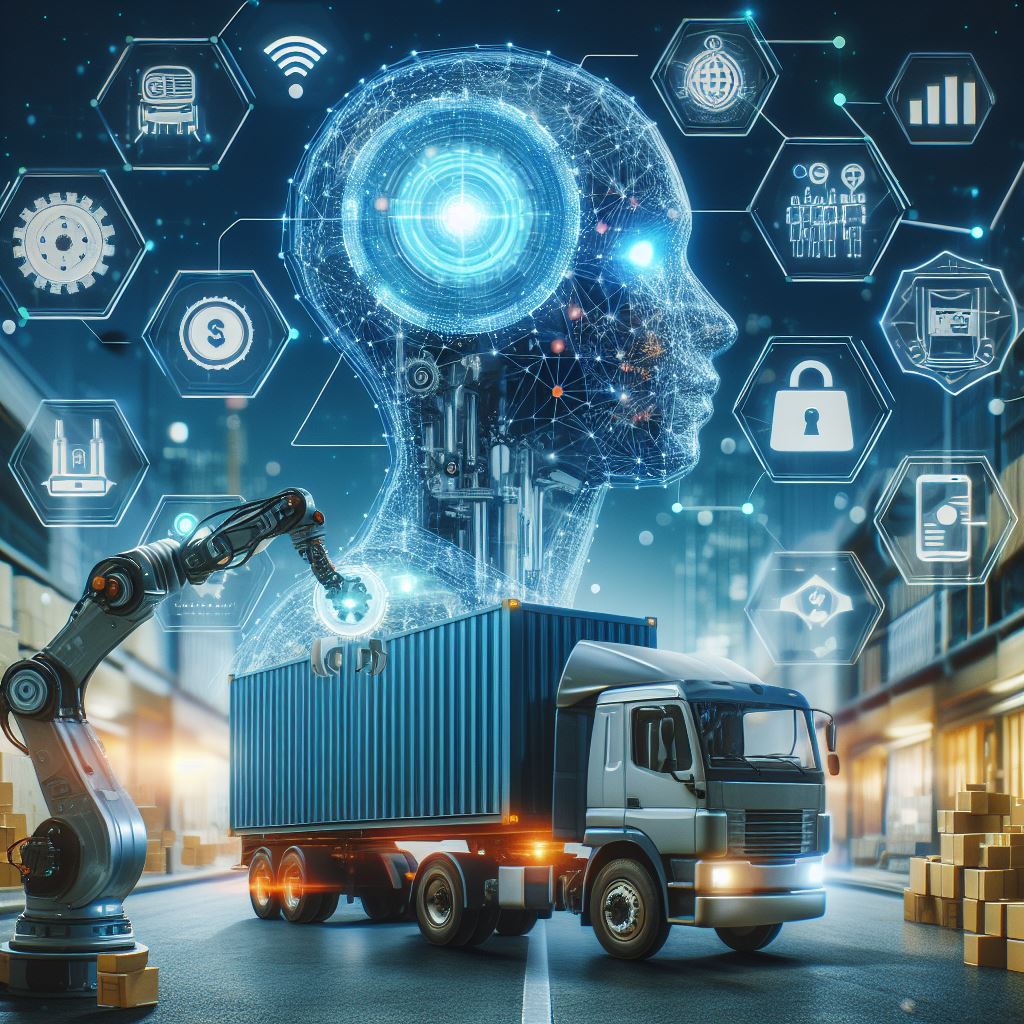 A modern portrayal of Augment, an AI logistics company, showing automated processes and advanced technology in transportation.