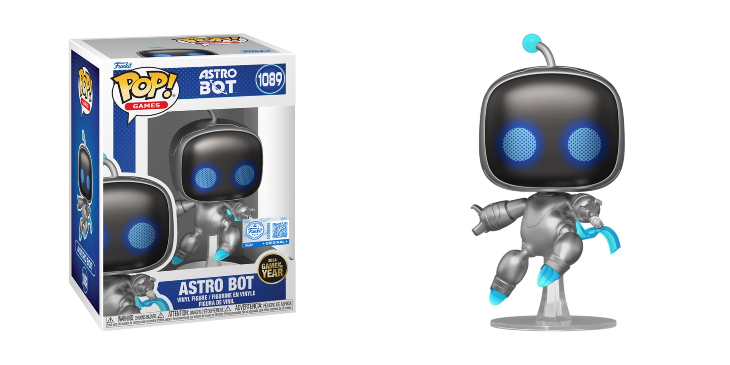Colorful illustration of Astro Bot Funko Pop figure set in a cheerful gaming background with pre-order announcement.