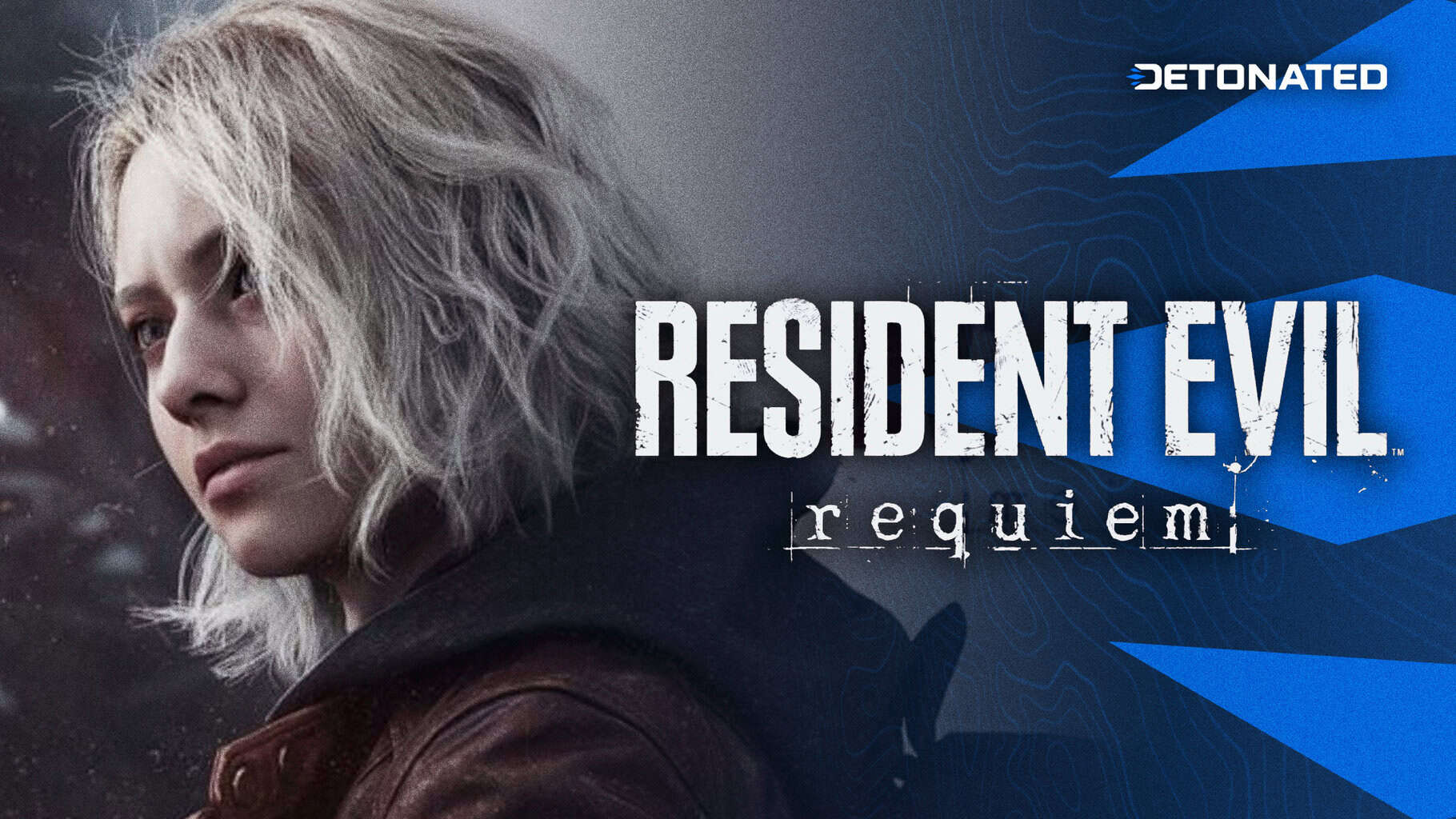 Promotional poster for Resident Evil Requiem, featuring dark and ominous colors, elements of horror, and showcasing iconic symbols of the franchise.