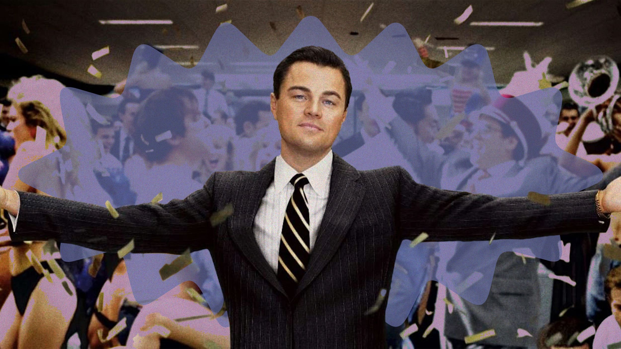 The Wolf of Wall Street Steelbook Ön Siparişe Açık! 2 Promotional graphic for the limited edition 4K Blu-ray steelbook of 'The Wolf of Wall Street' featuring Leonardo DiCaprio's character, Jordan Belfort, with golden dollar bills in the background.