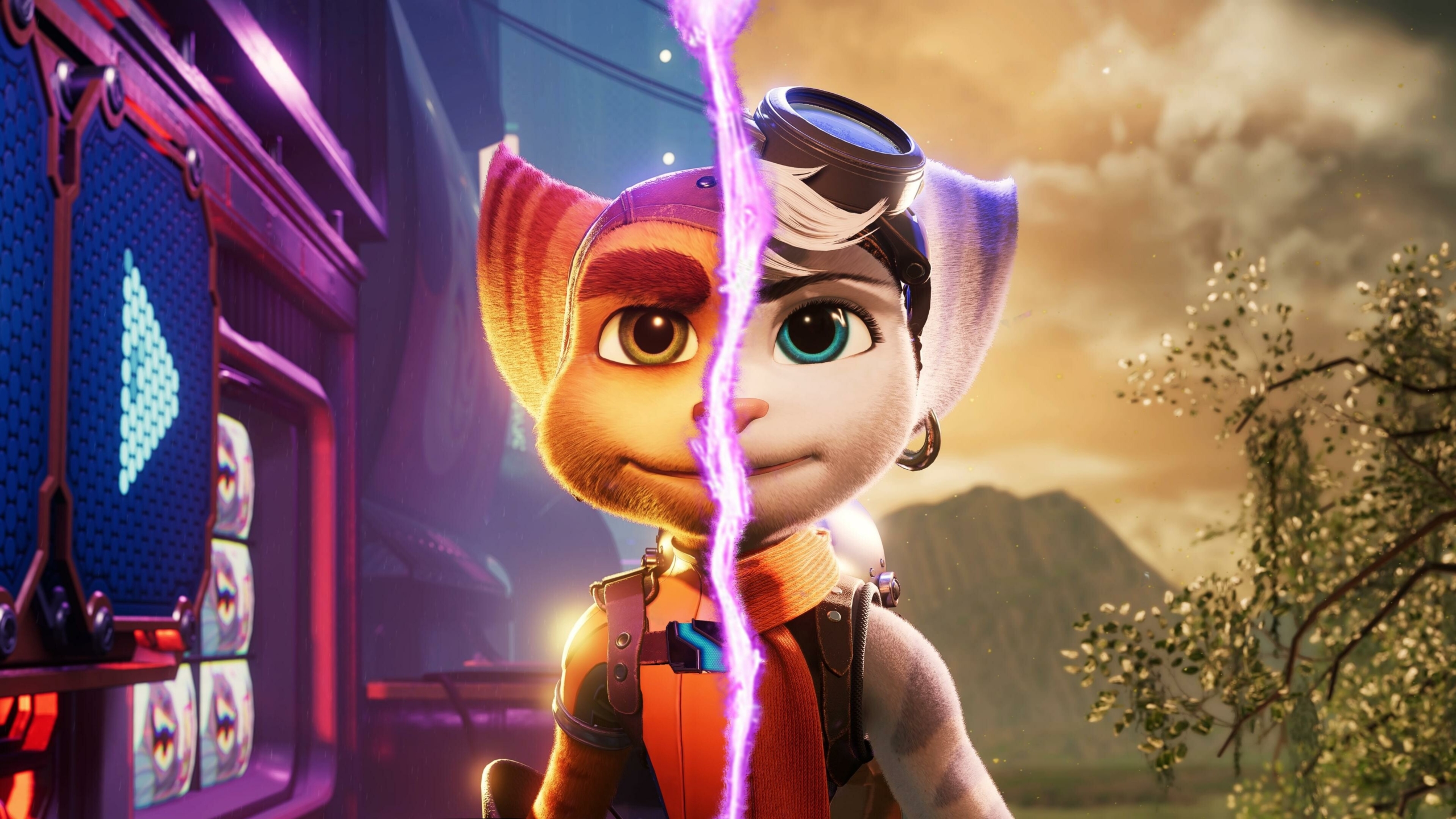 Digital art of Ratchet and Clank in a colorful futuristic landscape from the video game series.