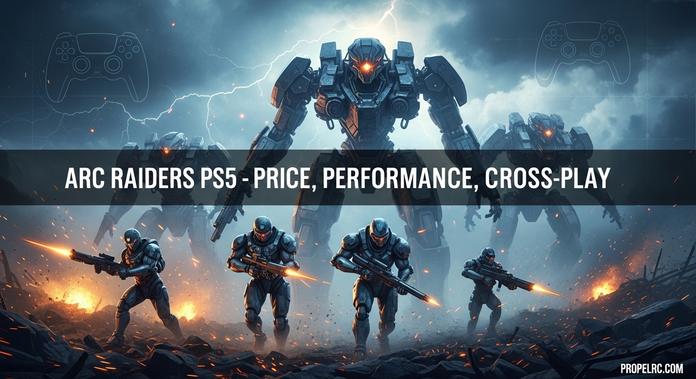 An action-packed scene from Arc Raiders showing players battling robotic enemies in a high-tech environment.