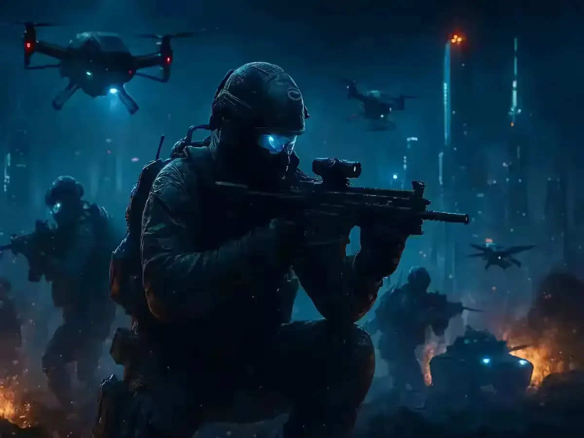 Dynamic and intense scene from a futuristic battlefield inspired by Battlefield 6 featuring soldiers in combat.