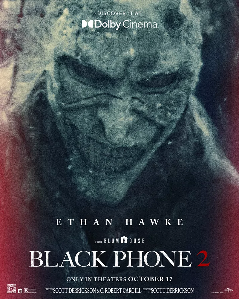 Promotional art for Black Phone 2 Limited Edition Steelbook featuring Ethan Hawke's character Grabber in a suspenseful horror theme.