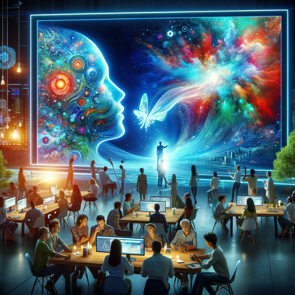 An illustration depicting the impact of artificial intelligence on creative processes, highlighting diverse content creators using advanced AI tools to produce various digital art forms.