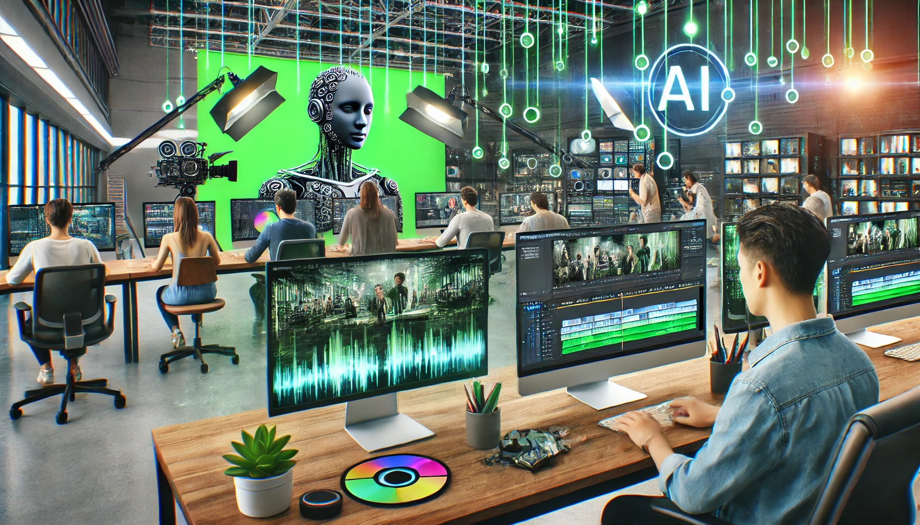 A visual representation of the conflict between artificial intelligence and the cinema industry in a futuristic Hollywood setting.