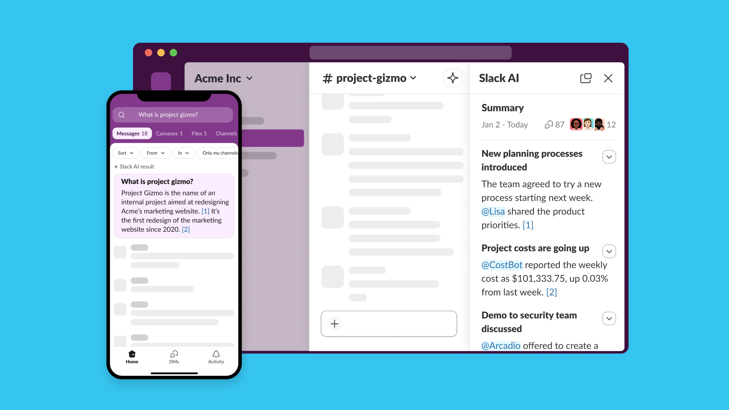 Slack Yapay Zeka ile İş Süreçlerini Kolaylaştırıyor 1 Illustration of Slack's modern digital workspace with AI features aiding team collaboration.