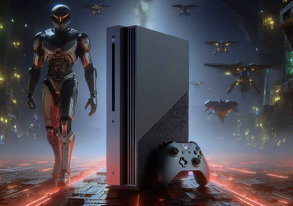 Futuristic premium Xbox console in a high-tech setting with neon lights, symbolizing advanced gaming technology.