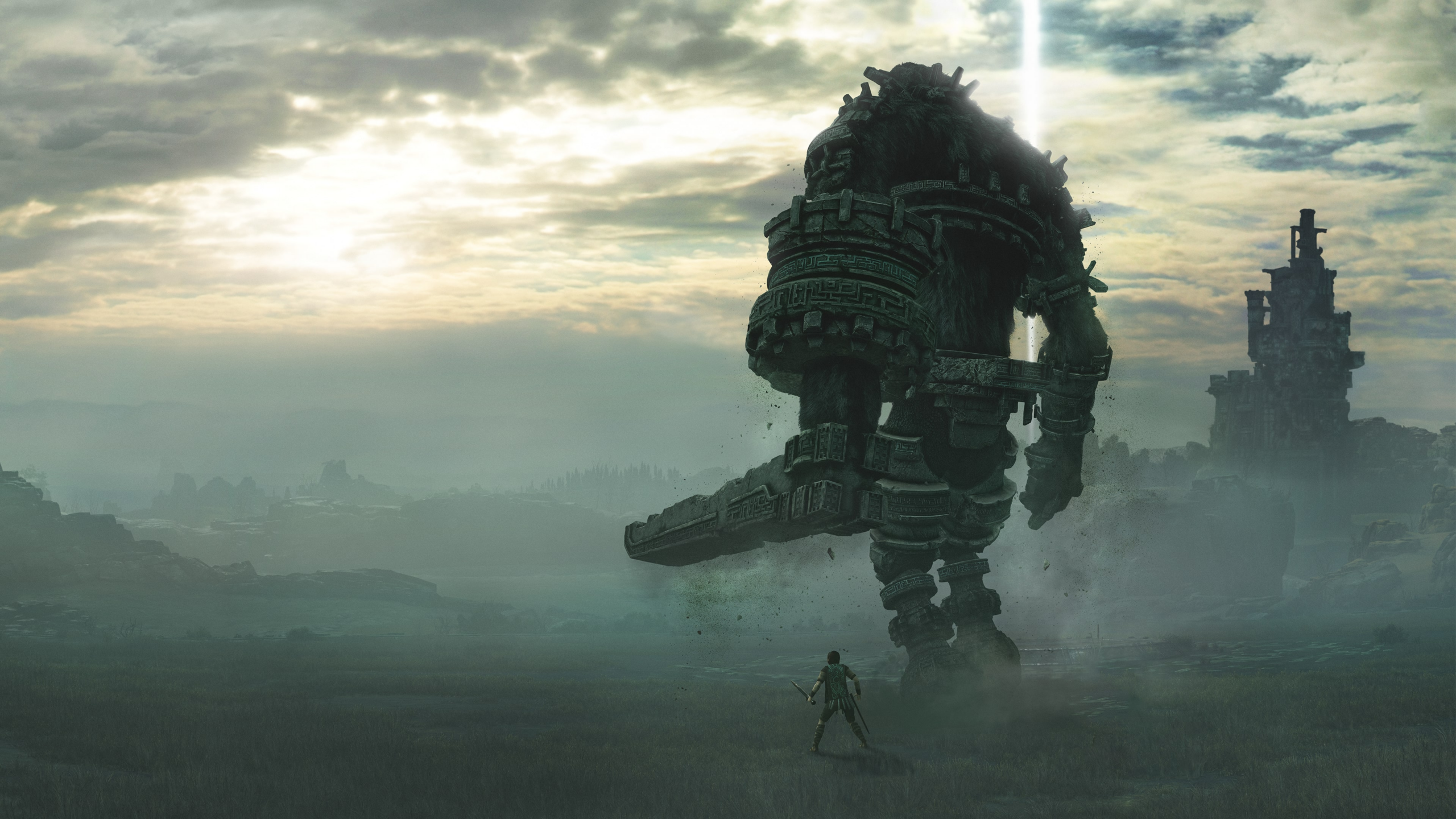 A scene inspired by 'The Shadow of the Colossus', showcasing a lone warrior on horseback amidst ancient ruins and towering colossi.