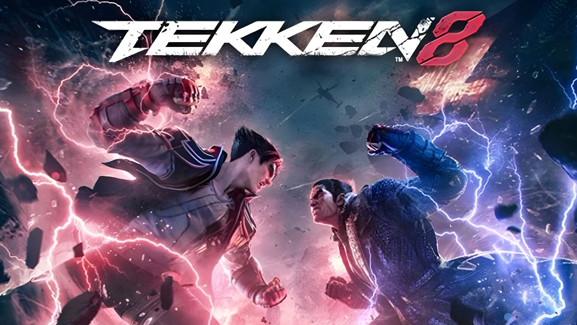 Dynamic tabletop board game scene with Tekken-inspired fighters on a modular arena, eight detailed miniatures, and card-driven combat elements, capturing the fast-paced vibe of Tekken: The Board Game.