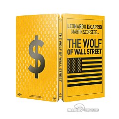 The Wolf of Wall Street Steelbook Ön Siparişe Açık! 1 Limited Edition Steelbook of 'The Wolf of Wall Street' showcasing Leonardo DiCaprio as Jordan Belfort, with $100 bills in a luxurious color scheme.