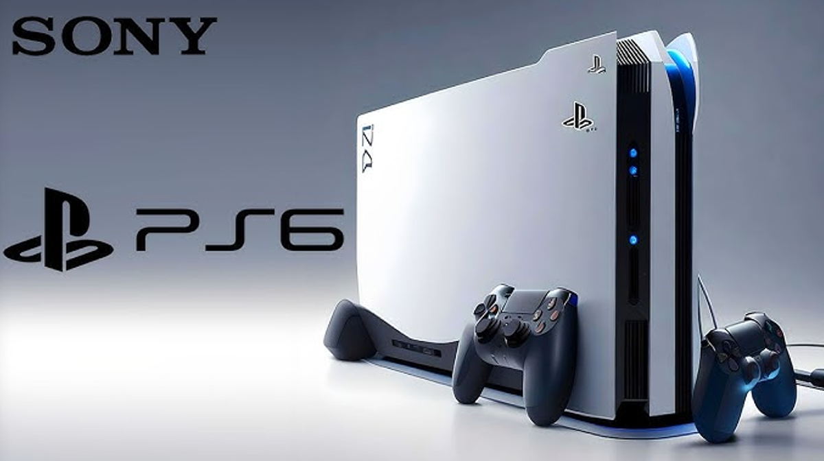 A futuristic depiction of the PlayStation 6 console showcasing advanced technologies like Neural Arrays and Radiance Cores, set in a vibrant sci-fi background.