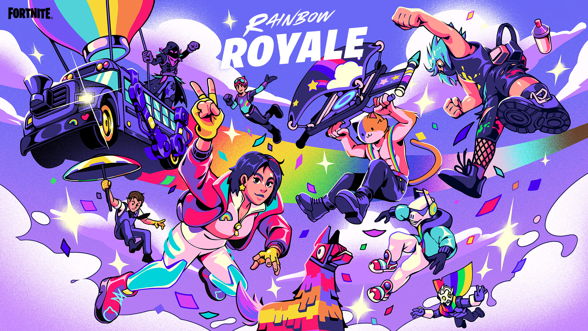 Editorial illustration of a Fortnite-like island with an empty Rainbow Royale storefront in 2025, showing diverse players in colorful outfits and a rainbow-themed, but empty, Pride display to symbolize Pride content being skipped.