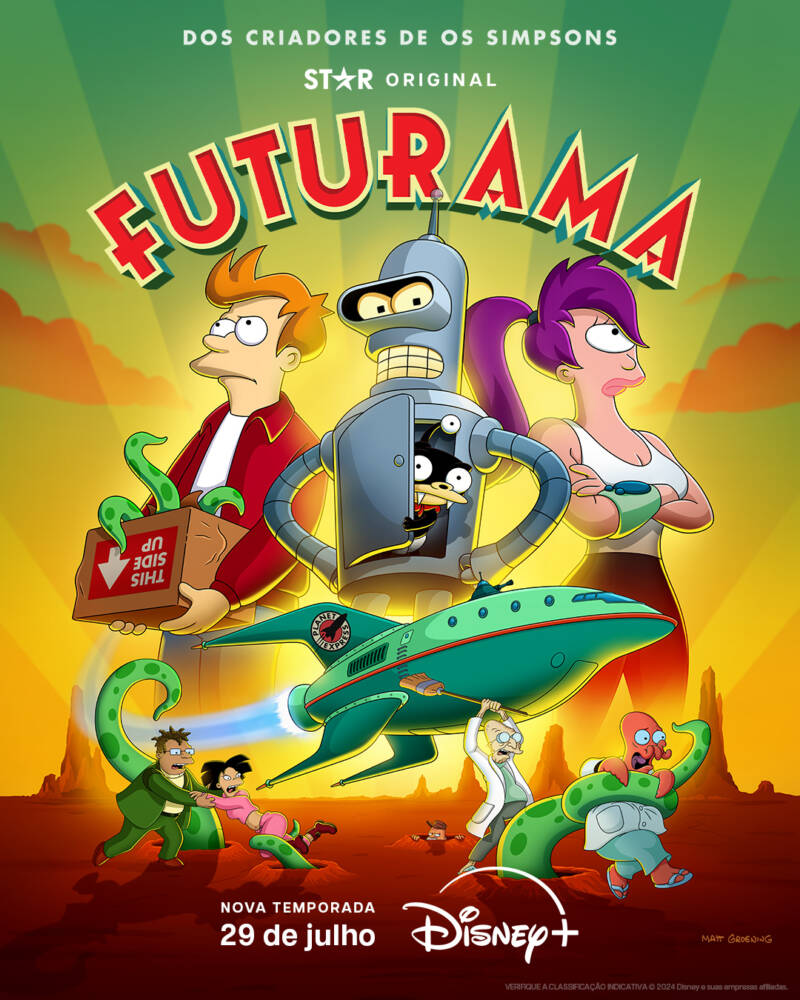 A digital artwork featuring Fry in a hovercar in a Futurama and The Simpsons crossover theme.