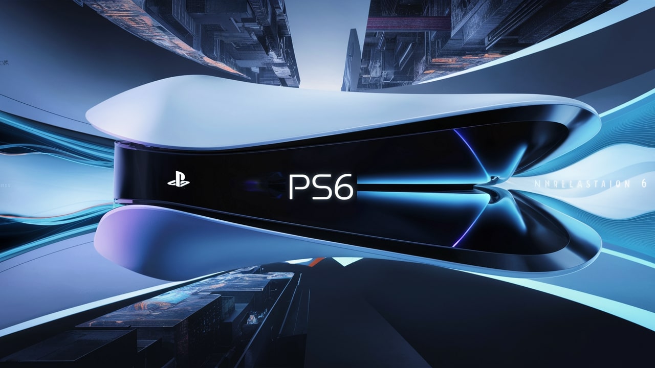 Futuristic gaming console showdown between PlayStation 6 and Xbox Magnus in a high-tech environment.