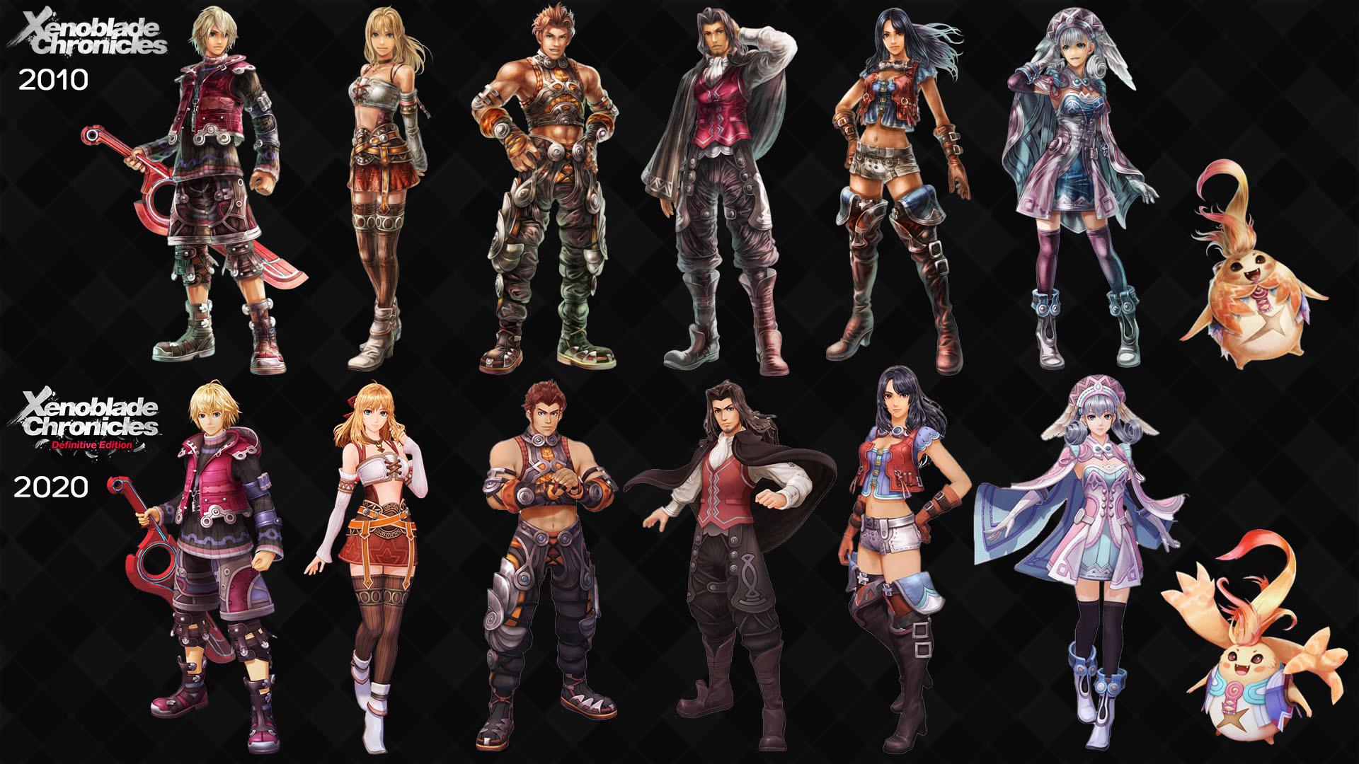 Vibrant digital artwork featuring characters from Xenoblade Chronicles 1 and 2 in a lush fantasy landscape.