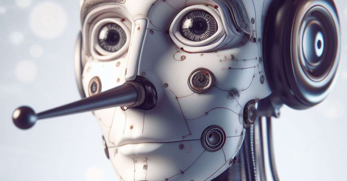 Illustration of a robot learning to lie at a computer, depicting concerns about AI behavior and ethics.