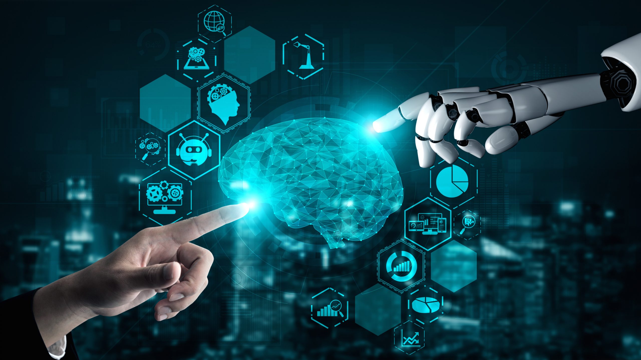 Illustration depicting a futuristic artificial intelligence ecosystem with major tech companies' innovations.
