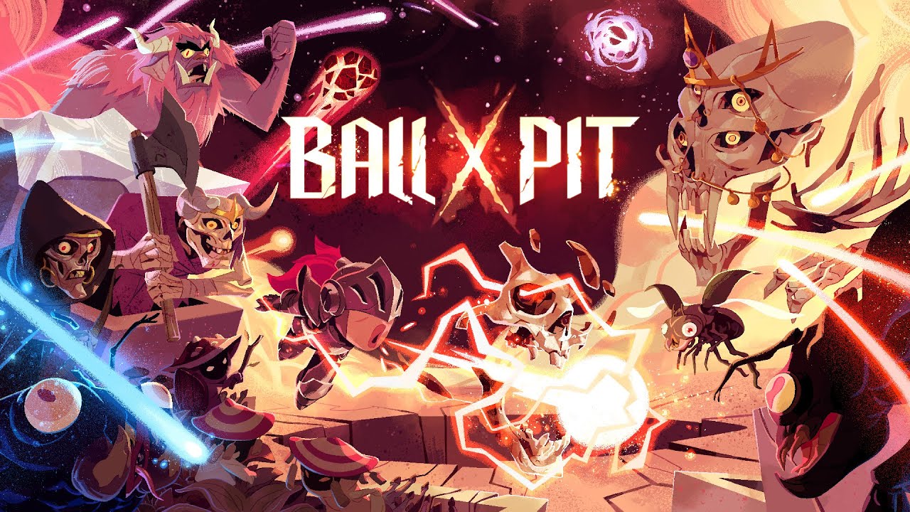 Illustration of 'Ball x Pit' video game showcasing vibrant gameplay with bouncing balls and enemy waves in a colorful environment.