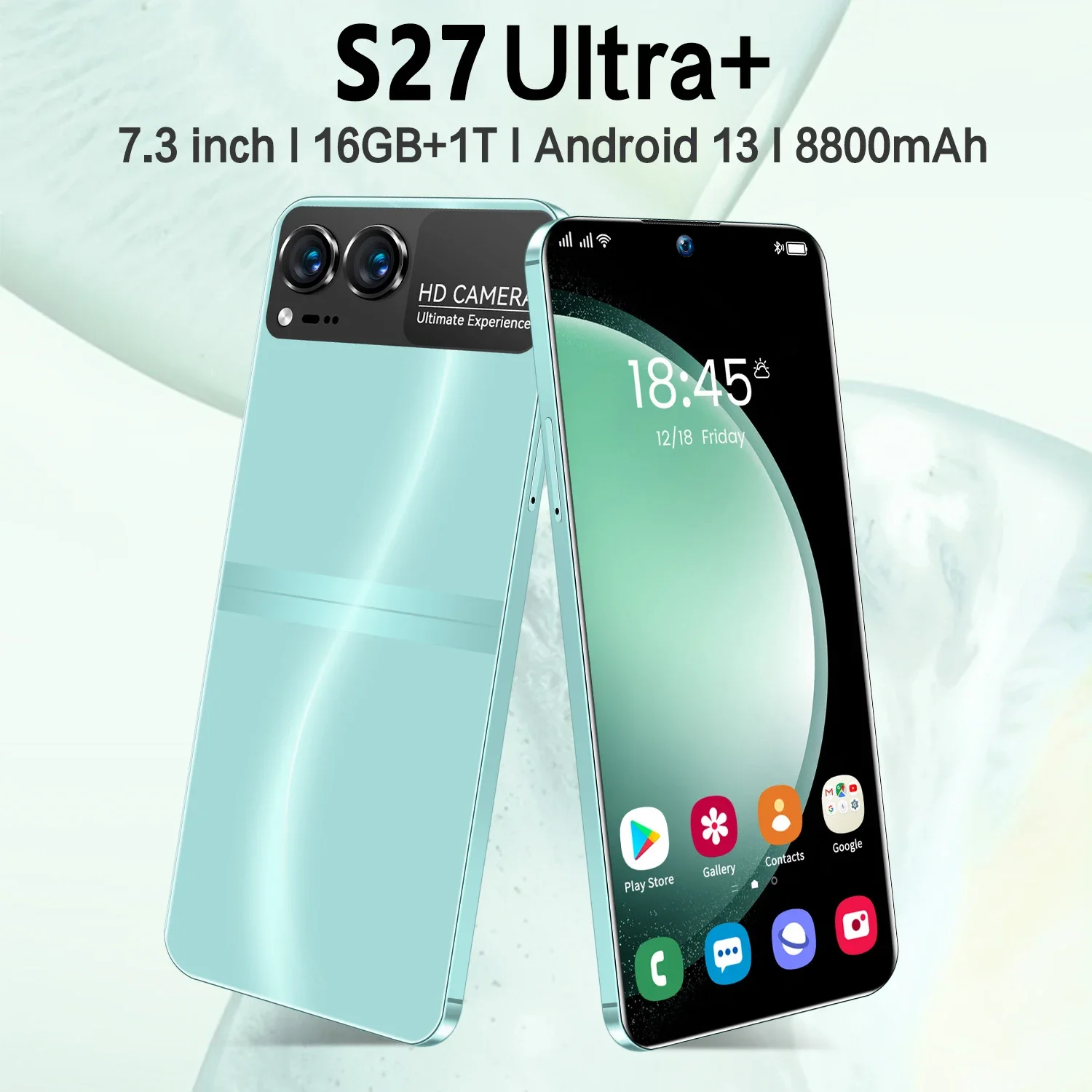 Futuristic Galaxy S27 Ultra smartphone with Polar ID facial recognition technology displayed conceptually against a tech-inspired background.
