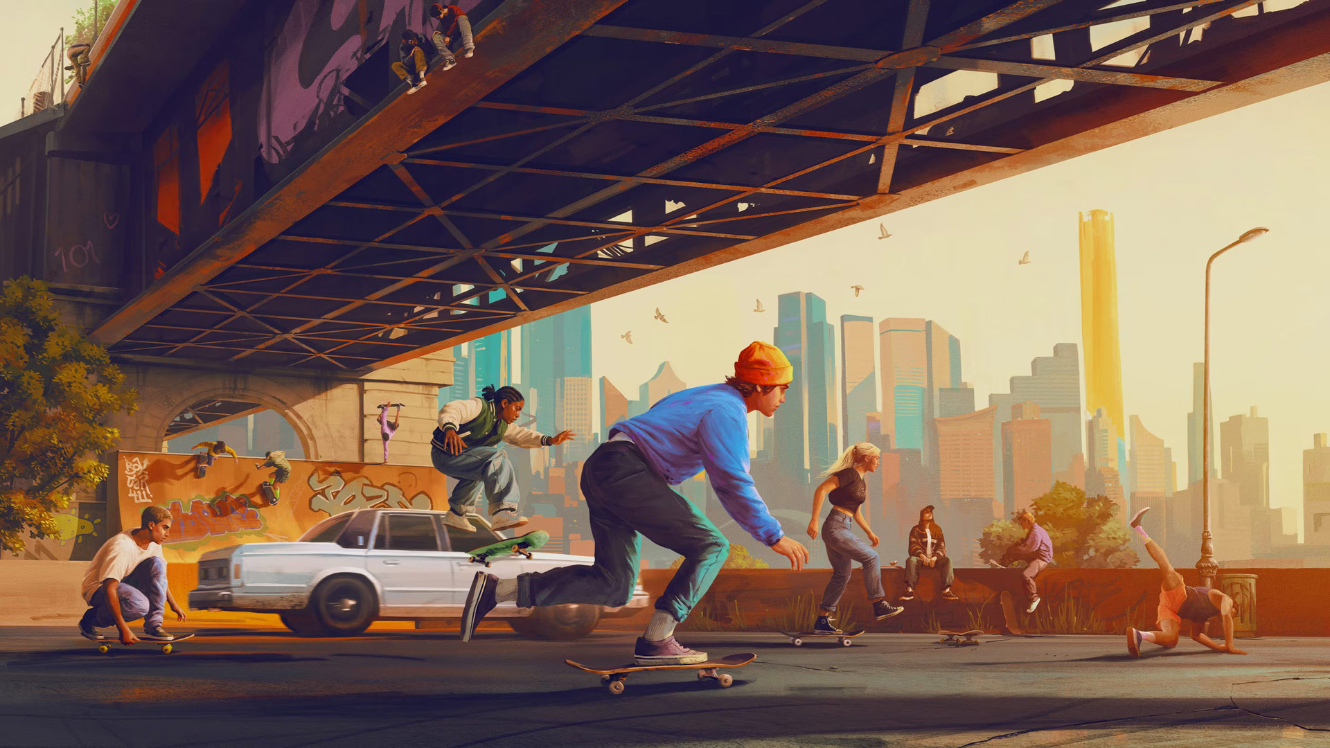 Futuristic skateboarding scene inspired by the game Skate, featuring vibrant urban settings and diverse skaters.