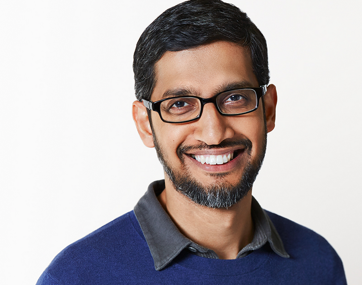 An illustration of Sundar Pichai, CEO of Alphabet, discussing the future risks of AI investment with digital technology themes.