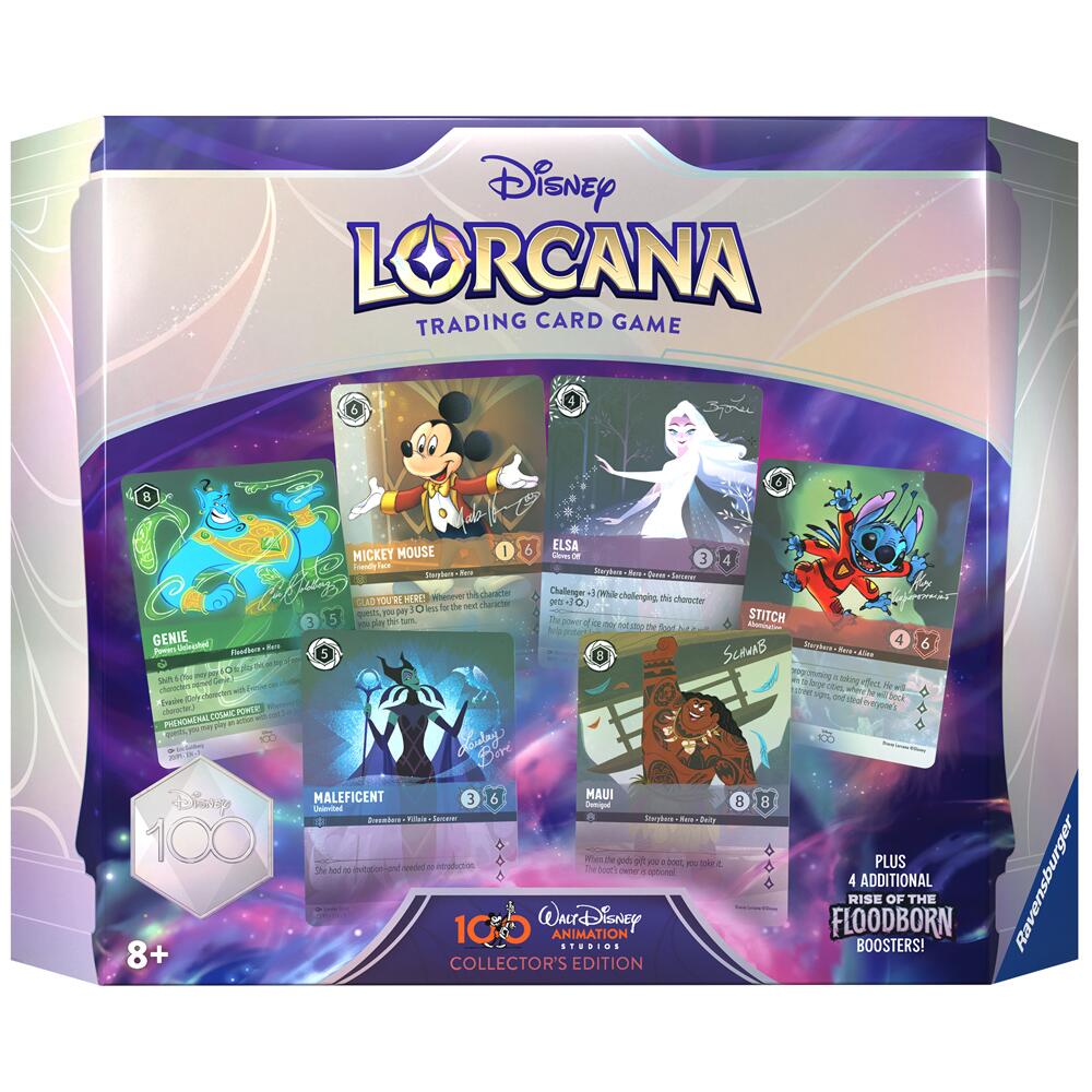 Promotional graphic for Disney Lorcana TCG showcasing various game products and discounts.