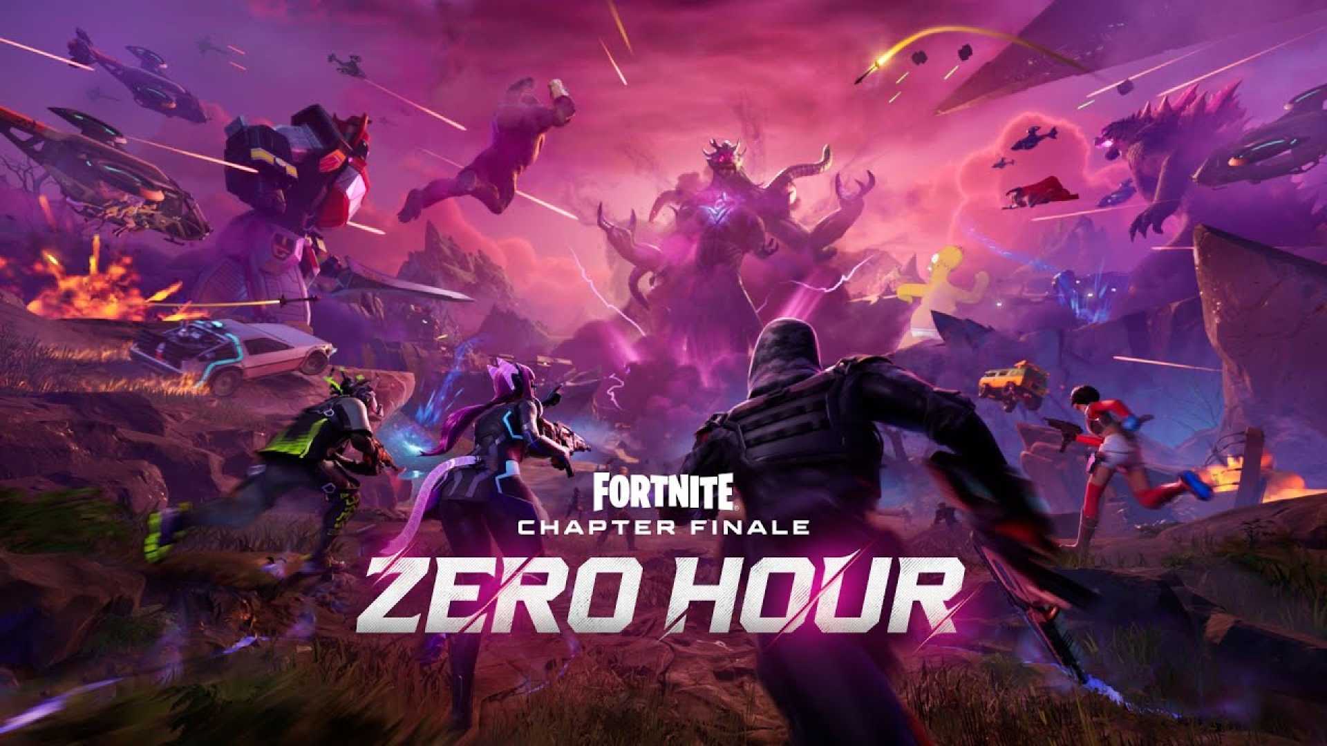 An epic Fortnite live event scene featuring iconic characters like Iron Man and Superman battling against the villain Kara Varlık in a vibrant, action-packed environment.