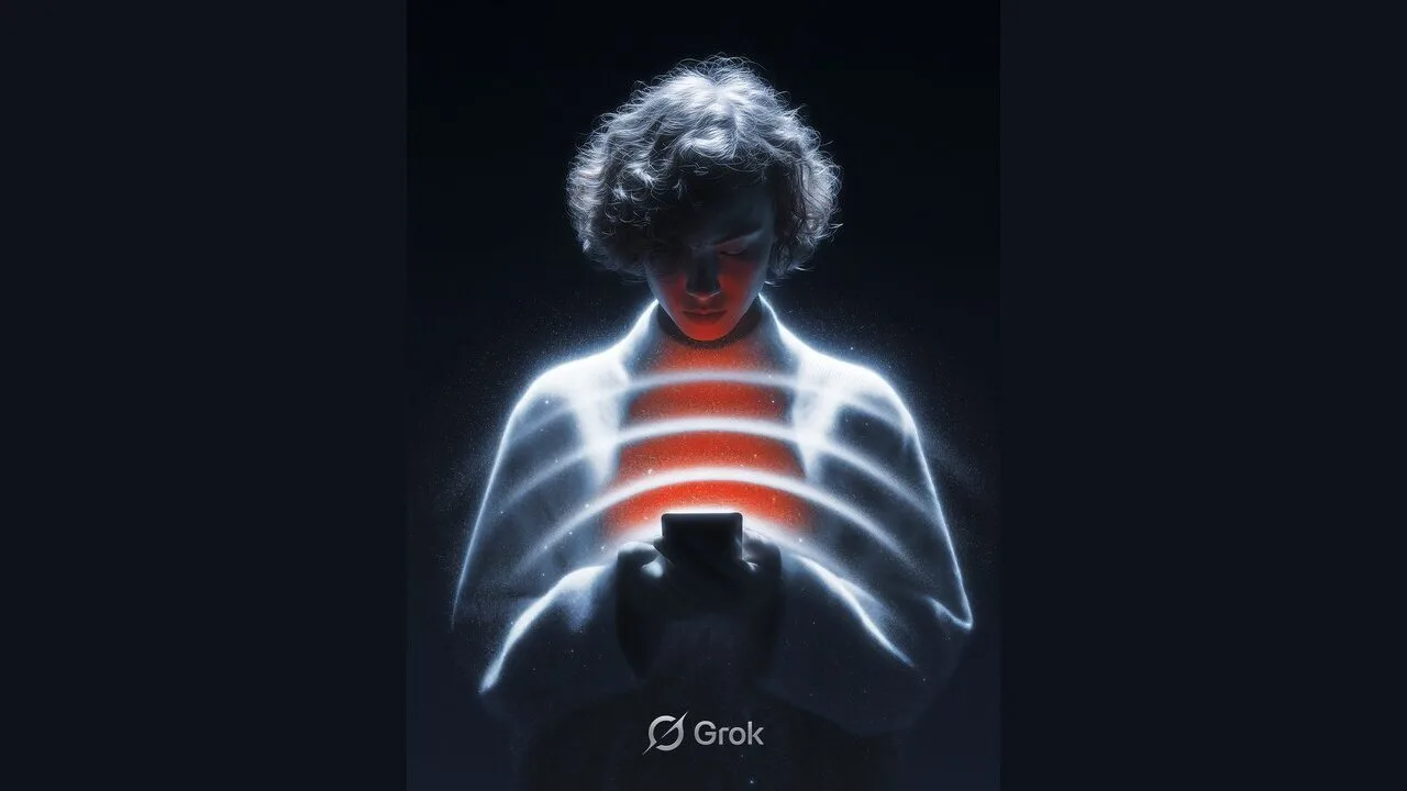 A satirical illustration depicting Grok AI giving exaggerated praise to Elon Musk, featuring colorful cartoon elements and humorous speech bubbles.