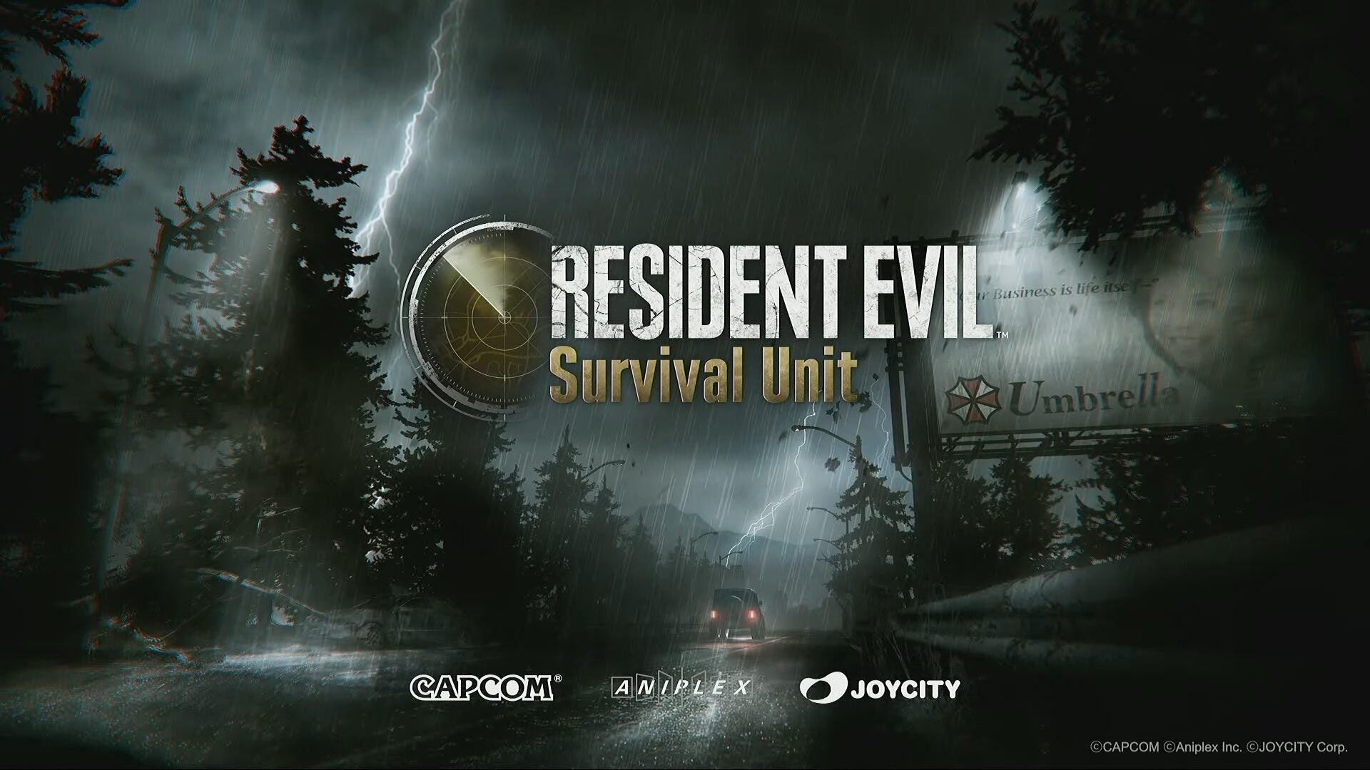 Promotional artwork for Resident Evil Survival Unit mobile game featuring Leon S. Kennedy and Claire Redfield strategizing in a ruined mansion with a horror theme.