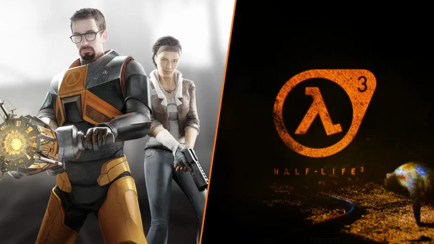 Artwork depicting the excitement of the announcement of Half-Life 3 with a futuristic city background and gamers celebrating.