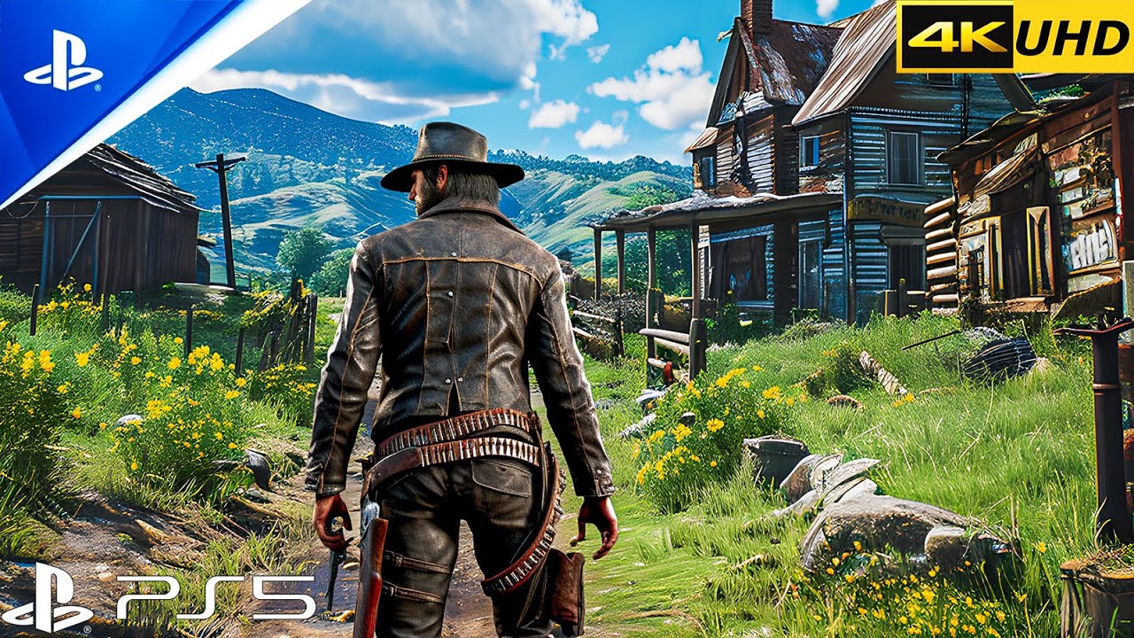 Digital artwork of cowboys in a Western landscape, celebrating the upcoming release of Red Dead Redemption for PS5.