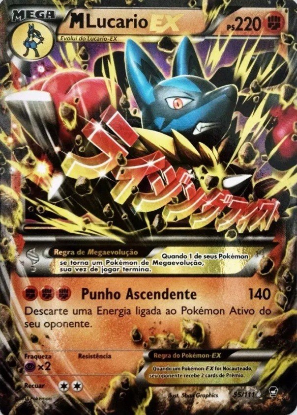 Illustration of Pokemon TCG Mega Lucario ex figure collection showcasing the figure, promotional cards, and booster packs in a dynamic and colorful setting.